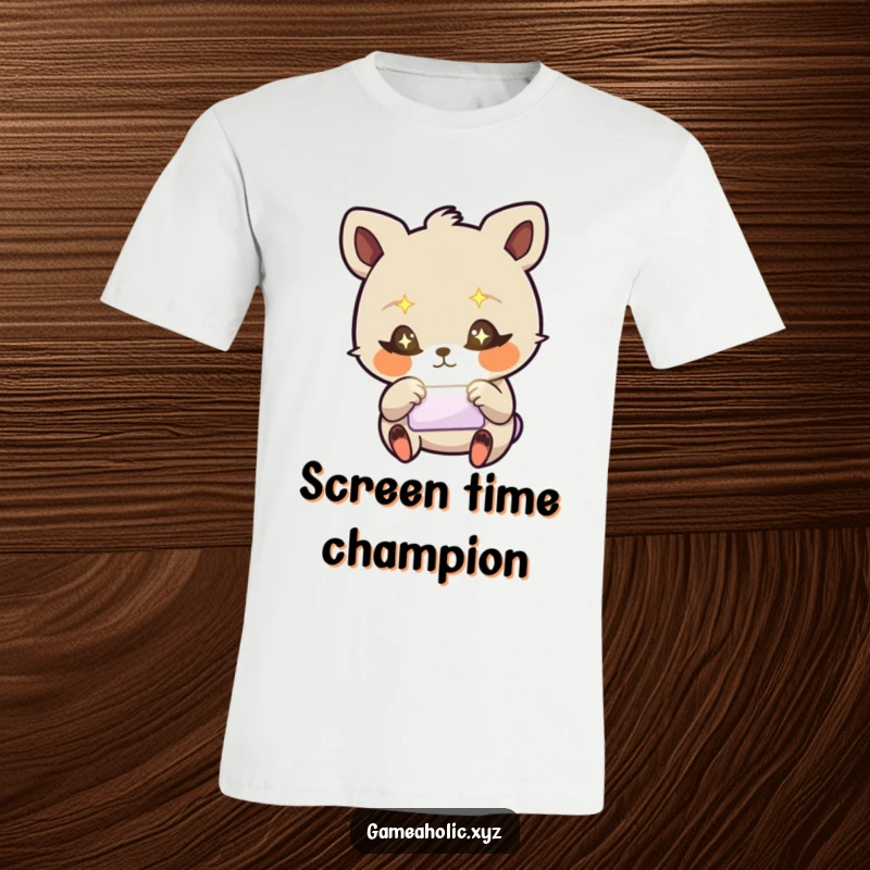 Funny t-shirt showing a stylized animal with starry eyes, frantically tapping on a glowing screen, relatable for techies.