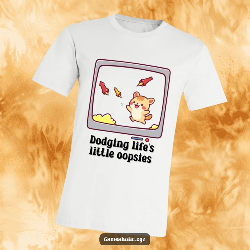 Funny t-shirt featuring a cute animal character gleefully dodging a barrage of digital projectiles on a screen, a truly humorous gift.