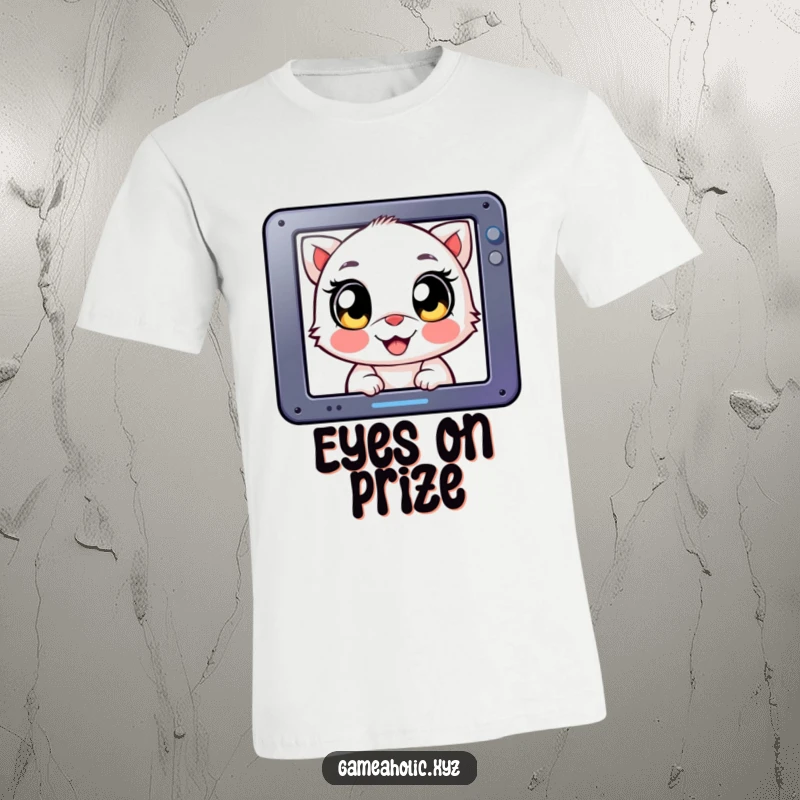 Funny T-Shirt: Creature with big, happy eyes, staring intently at a screen, capturing gamer focus.