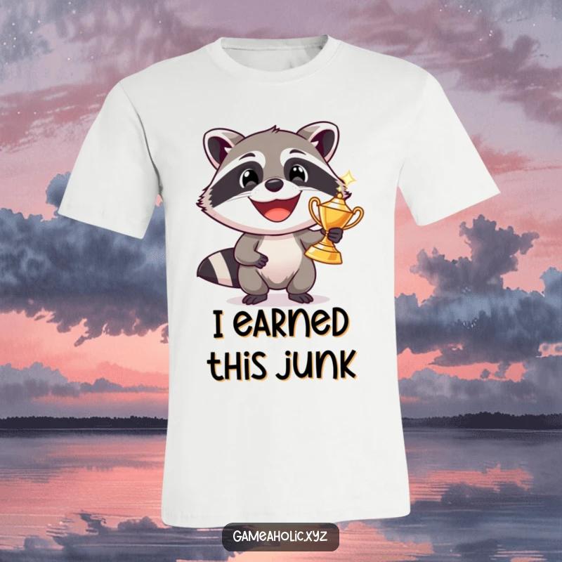 Funny raccoon with a huge grin holding up a glittering trophy, wearing a t-shirt, prize winner graphic.