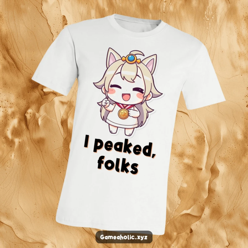 Funny t-shirt with a cheerful cartoon character winking and proudly holding up a gold medal, a symbol of accomplishment.
