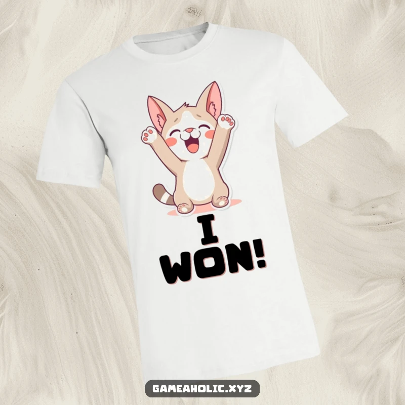 Funny T-Shirt: A character with paws raised in the air, humorously celebrating a triumphant win with ecstatic energy.