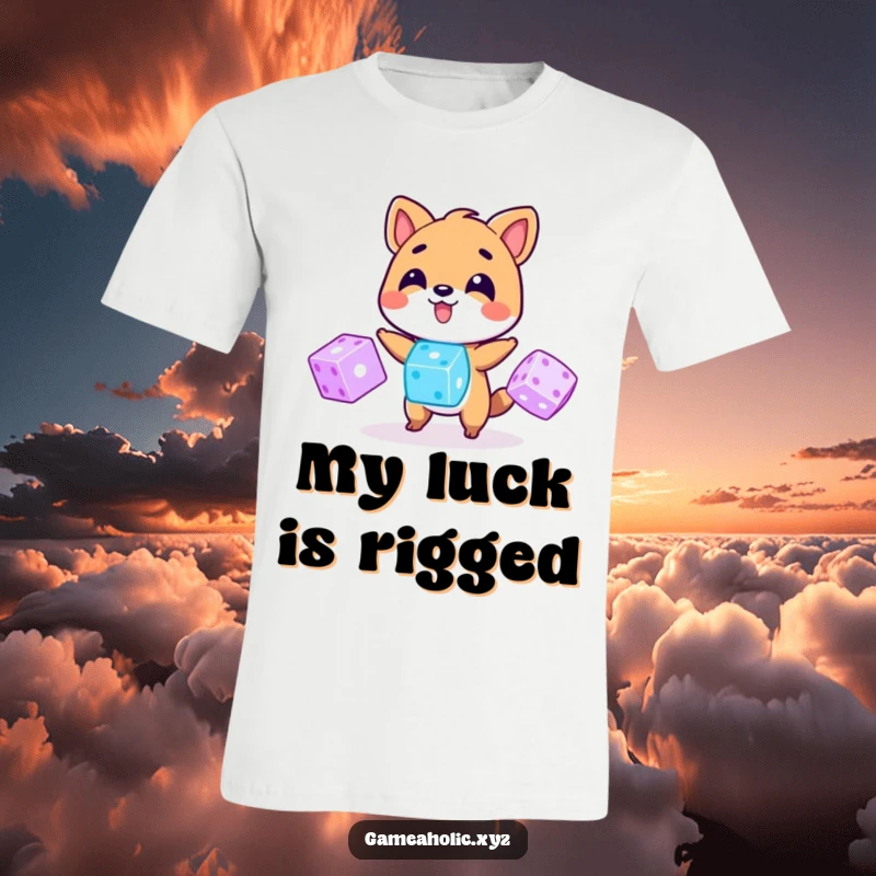 Funny T-Shirt: A cute animal is shown in motion, juggling three luminous digital dice, embodying playful luck and skill.