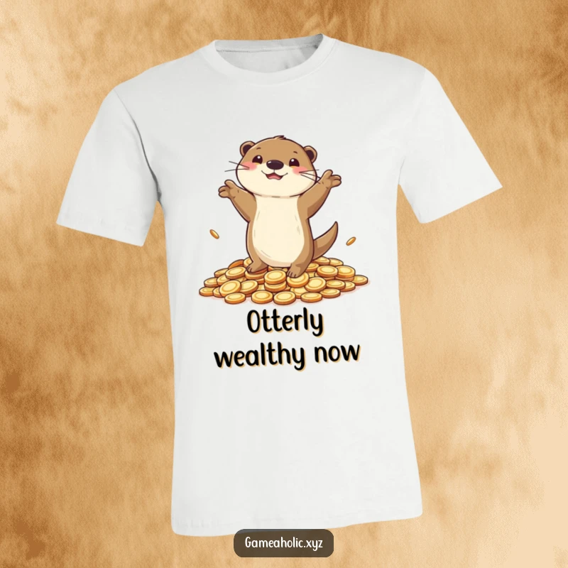 Funny T-Shirt showing a happy otter dancing on coins, symbolizing winning and success.