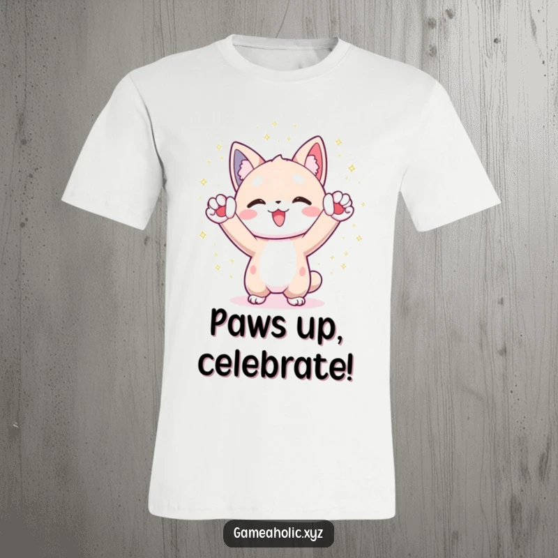 Funny T-Shirt: Character cheers with paws raised amidst shimmering digital particles, embodying celebration.