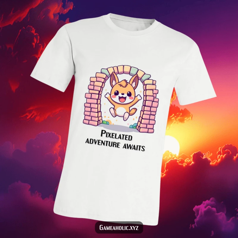 Funny T-Shirt depicting an excited animal character mid-leap through a dynamic portal made of colorful, abstract pixels.