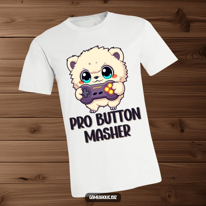 Funny t-shirt featuring a fuzzy creature obsessed with a glowing game controller, button mashing with epic focus, a gamer's dream.