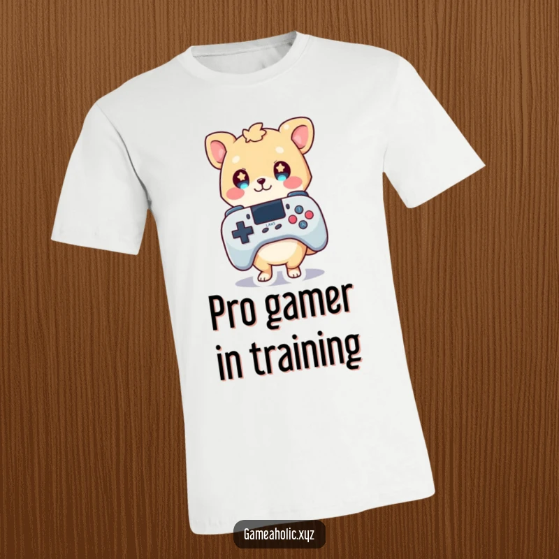 Funny t-shirt depicting a cute animal character clutching an oversized game controller, eyes sparkling with excitement and gamer dreams.