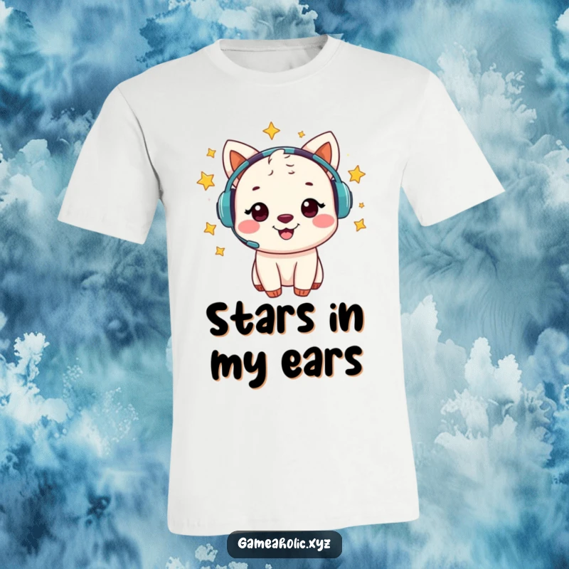 Funny t-shirt featuring a cheerful animal character, their gaming headset surrounded by swirling, magical stars.