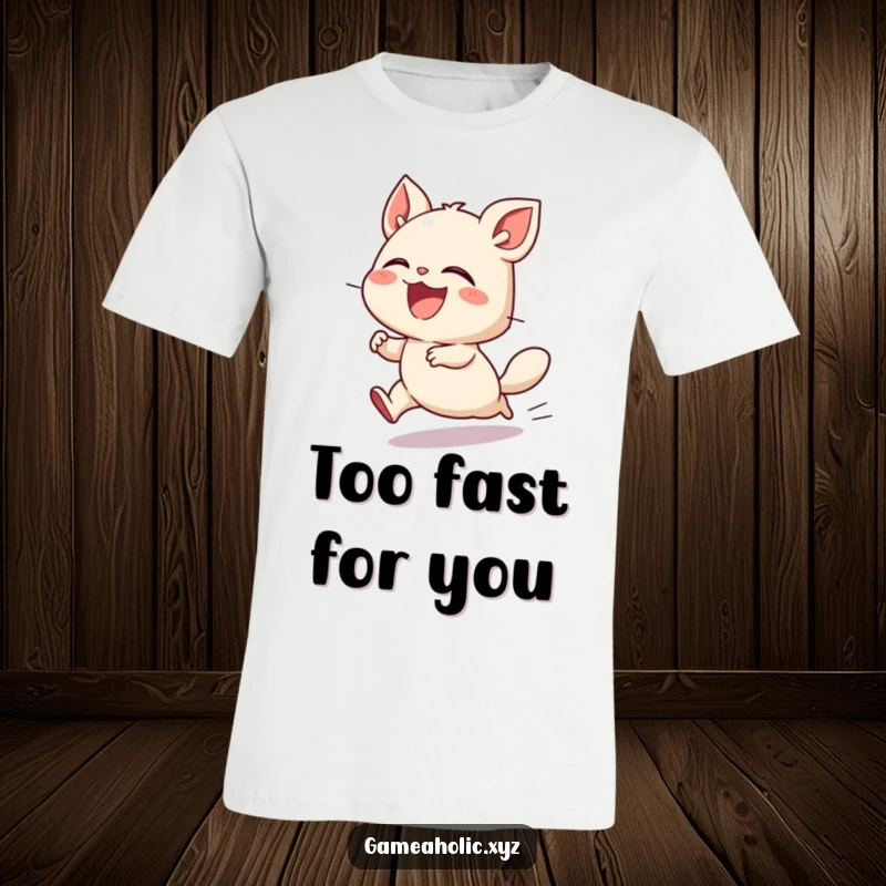 Funny t-shirt with a small creature depicted in motion, laughing hysterically as it plays at incredible speed, full of boundless energy.