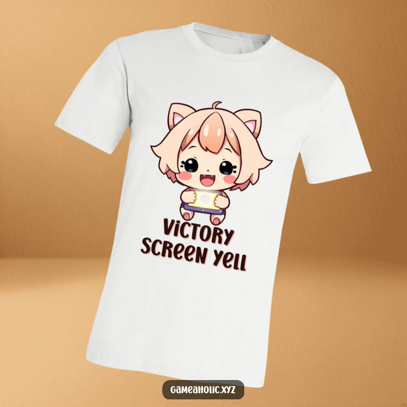 Funny T-Shirt depicting a happy character intensely focused on a glowing screen, cheering for a win.