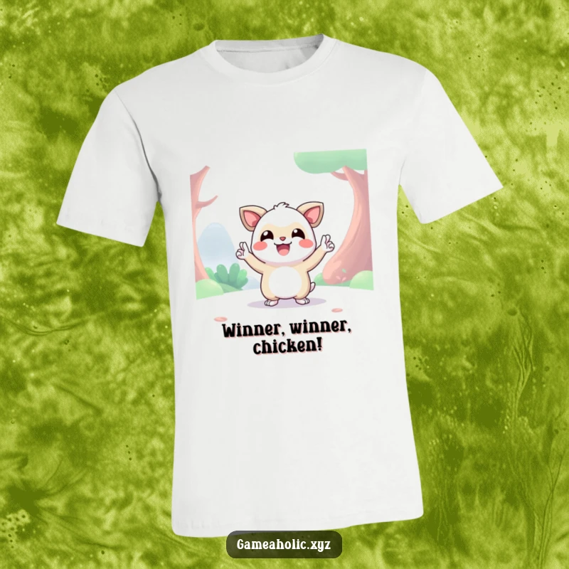 Funny happy creature in a digital world giving a bold victory pose, graphic t-shirt, winning celebration.