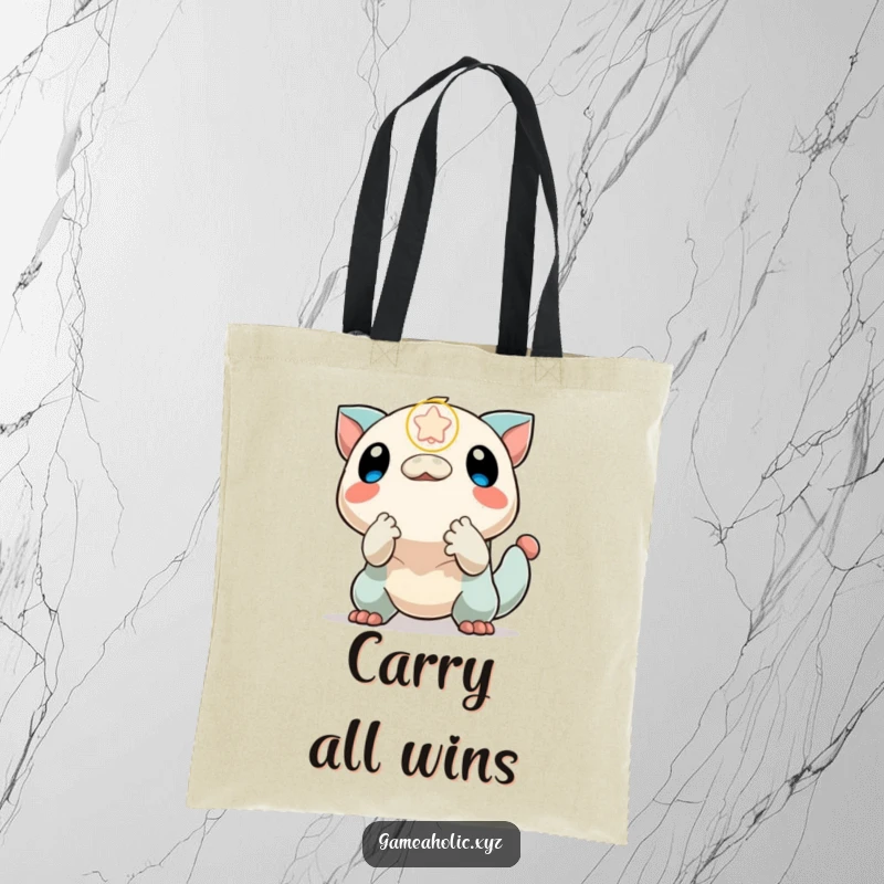 Funny tote bag illustrating an excited creature reaching for a falling power-up icon, perfect for carrying gaming essentials.