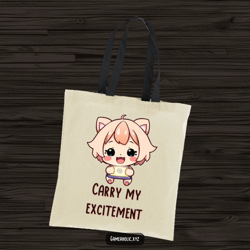 Funny Tote Bag showcasing a happy character intensely focused on a glowing screen, cheering victoriously.