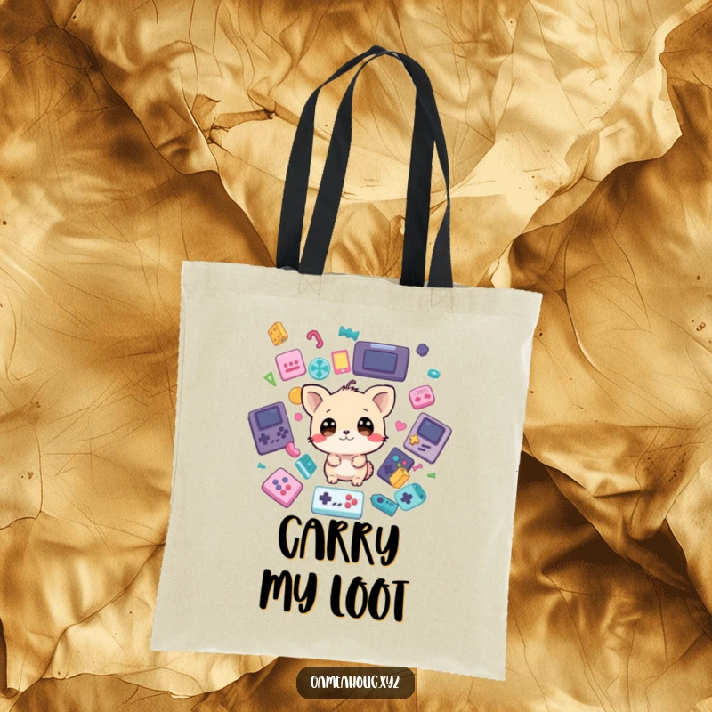 Funny Tote Bag: A round-eyed animal looks surprised as game icons rain down around it, perfect for the gamer on the go.