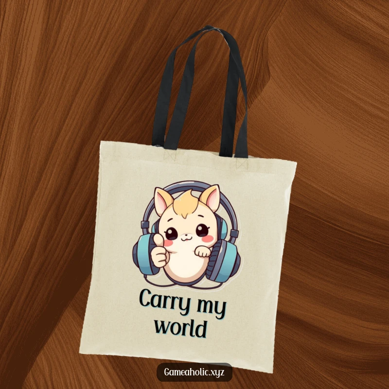 Funny tote bag featuring a creature peeking over a large headset, giving a positive thumbs up, perfect for tech lovers.