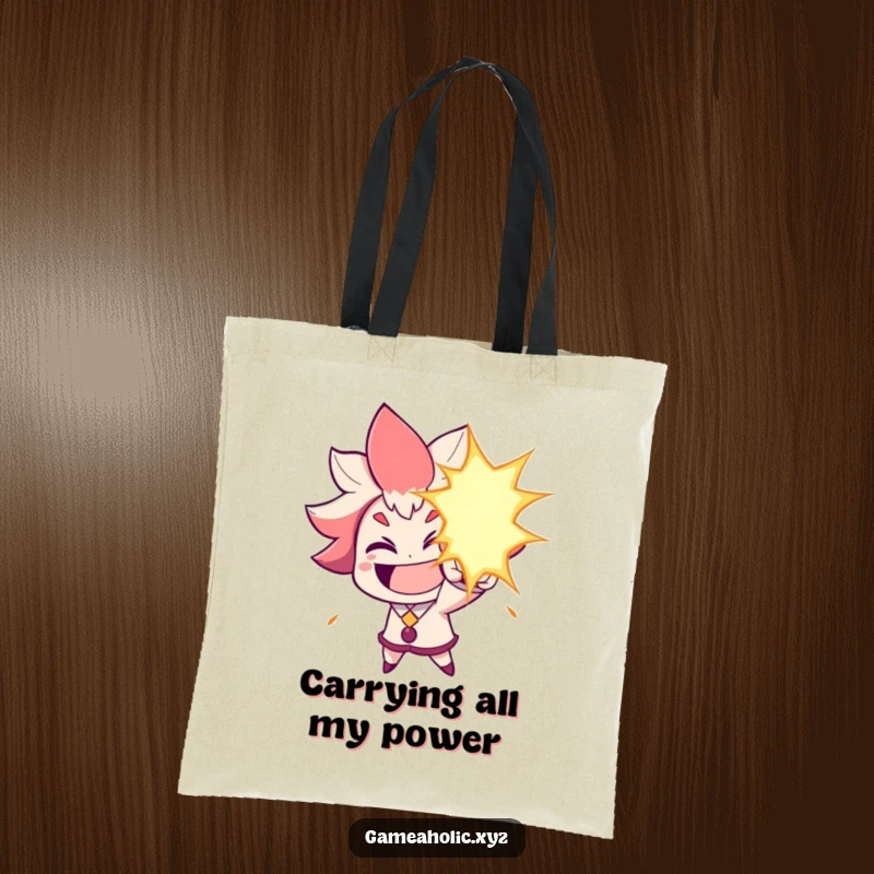Funny Tote Bag: Character grins widely, aiming a humorous energy blast, perfect for carrying items with style.