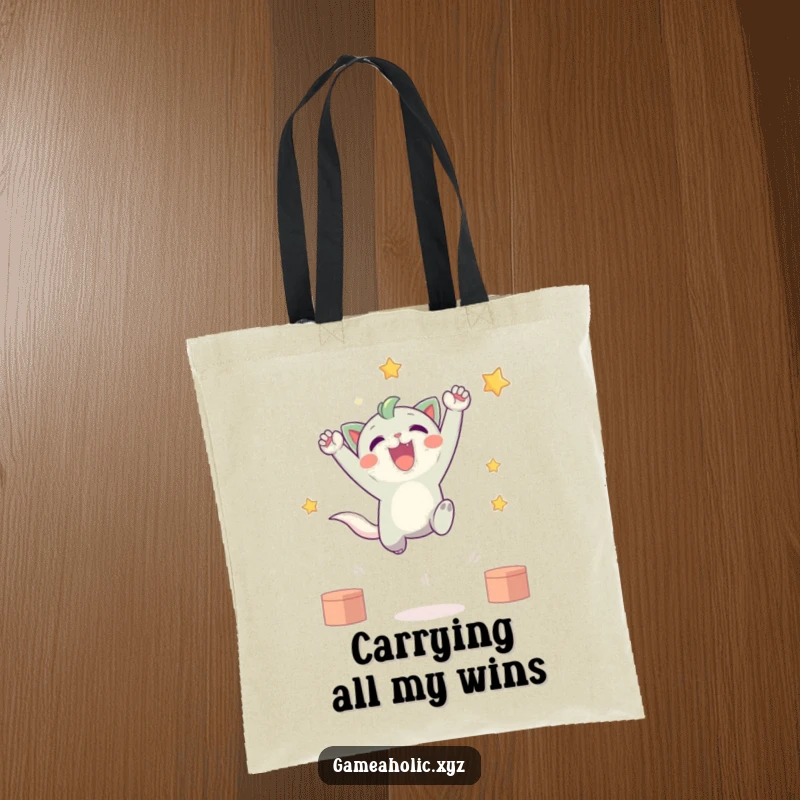 Funny tote bag featuring a cute creature bursting into an energetic leap, celebrating a virtual victory, perfect for carrying winning vibes.
