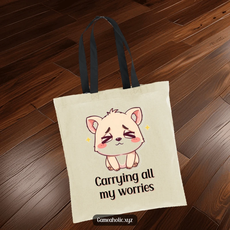 Funny tote bag with a small animal character sporting crossed eyes and a happy, tired smile, perfect for daily use.
