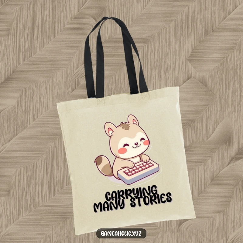 Funny Tote Bag with a grinning animal character tapping rapidly on a small keyboard, ideal for carrying tech gadgets.