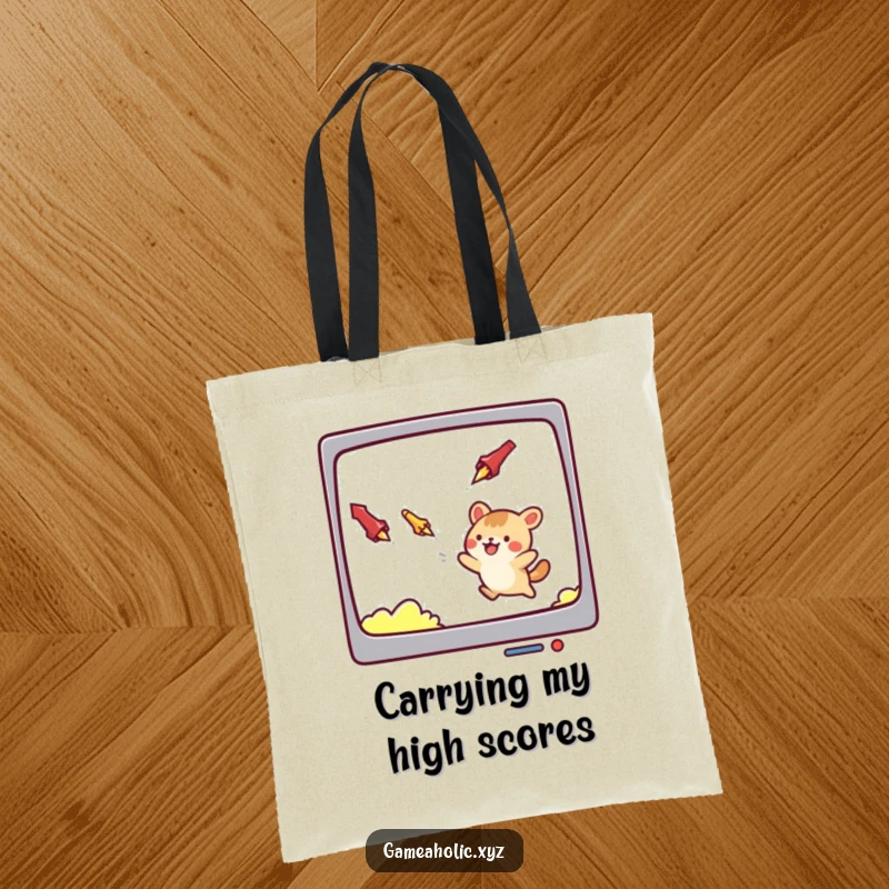 Funny tote bag showcasing a cute animal character dodging digital projectiles on a screen, ideal for carrying essentials with humor.