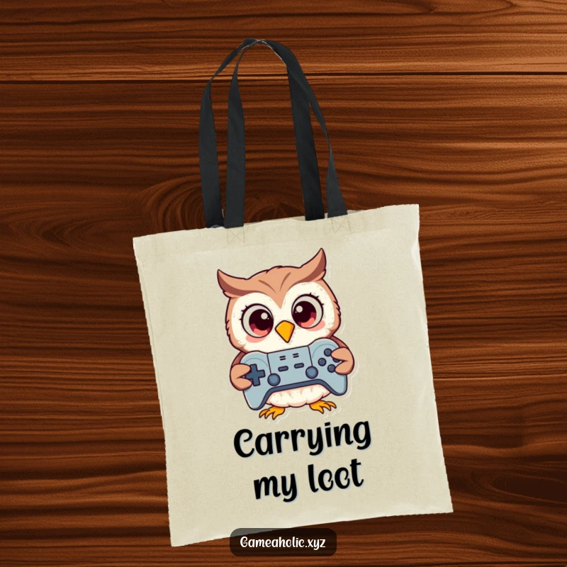 Funny cartoon owl with big eyes holding a game controller, graphic tote bag, perfect for carrying essentials.