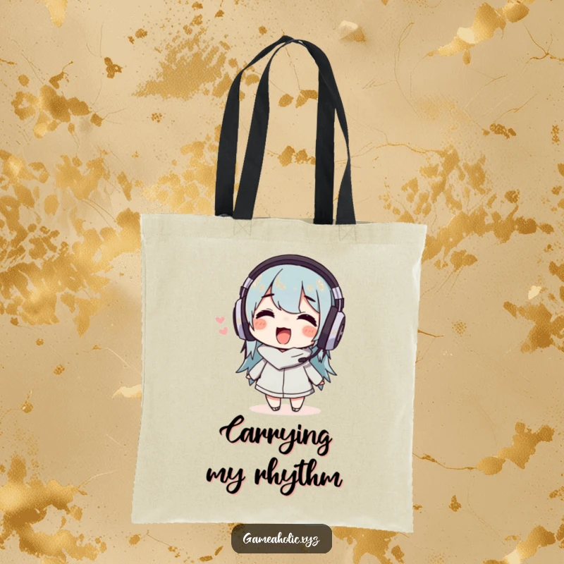 Funny Tote Bag with a delighted character in headphones wiggling joyfully, ideal for carrying music gear or daily items.