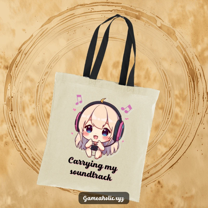 Funny tote bag with a character wearing headphones, bopping head to in-game music, ideal for carrying gaming gear or daily items.