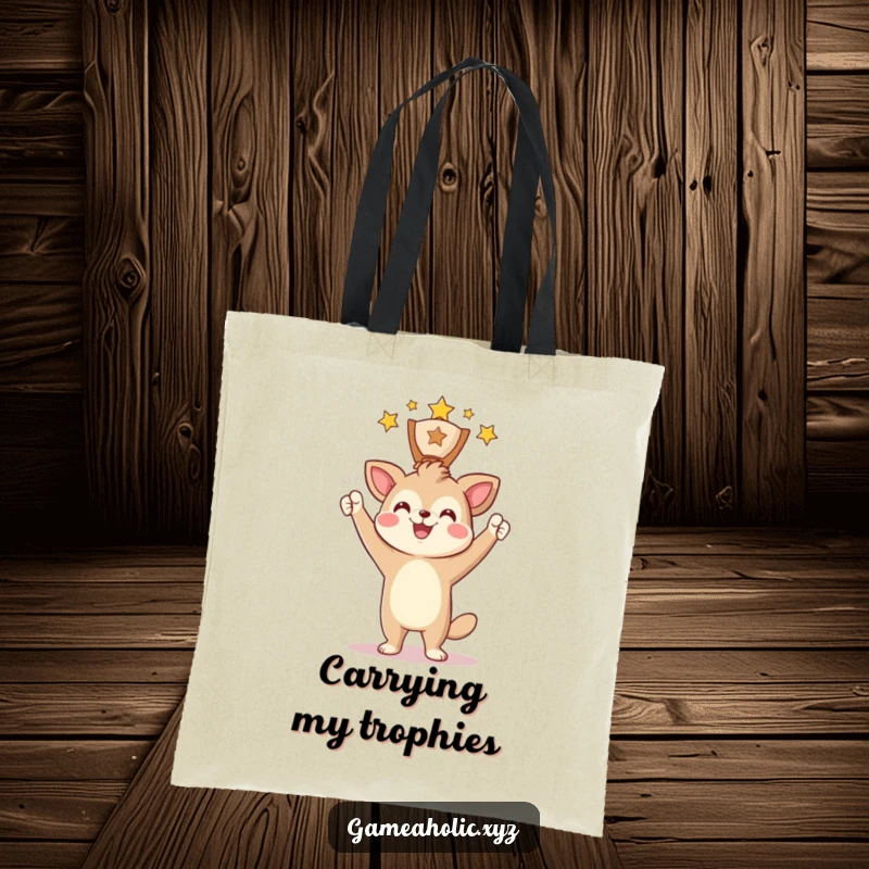 Funny Tote Bag with an animal character triumphantly holding a digital award and smiling, perfect for everyday use.