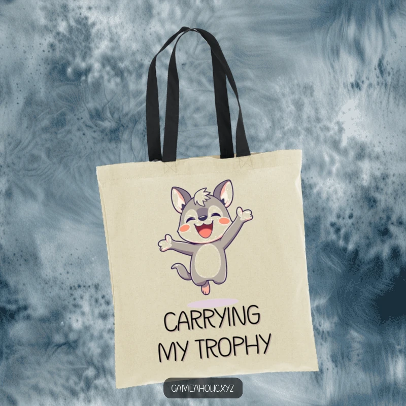 Funny tote bag featuring a determined animal character jumping for joy after a victorious game, ideal for winners.