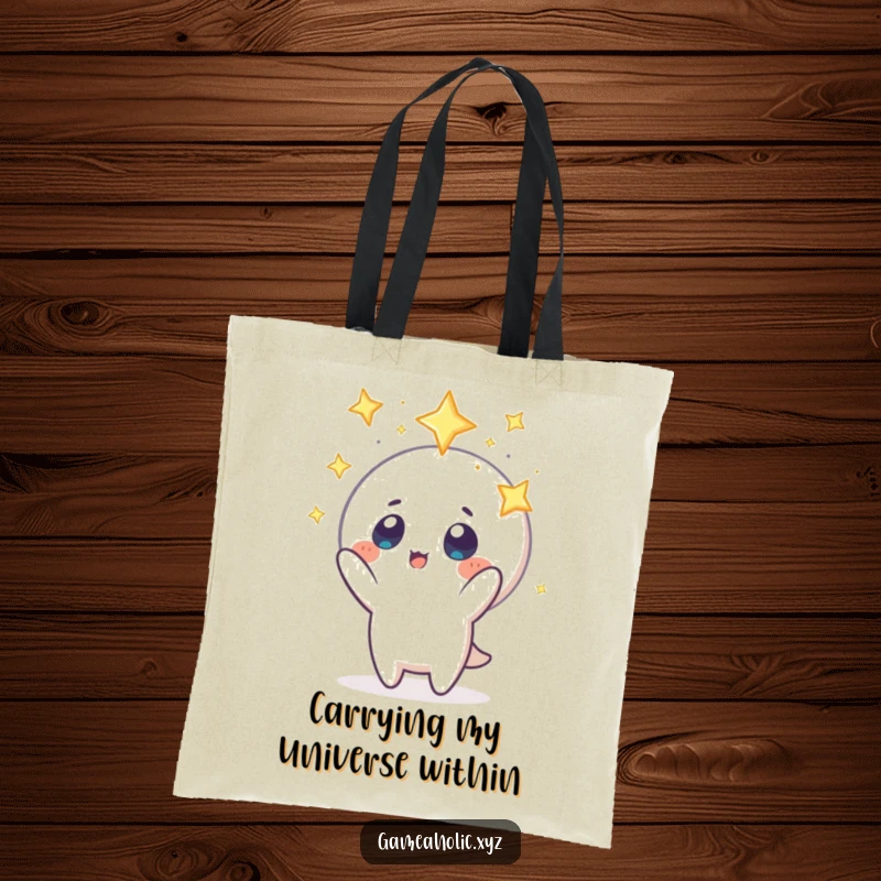 Funny tote bag featuring a character with starry eyes, stretching to grasp a luminous floating icon, symbolizing the pursuit of goals.