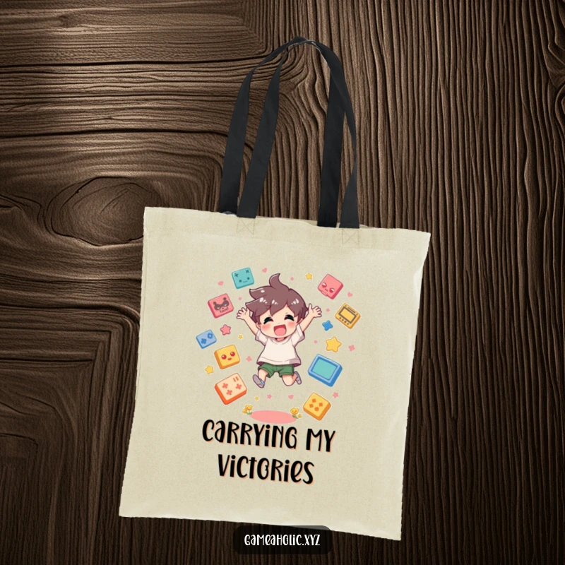 Funny Tote Bag depicting a happy character jumping excitedly, surrounded by colorful game icons, ready for adventure.