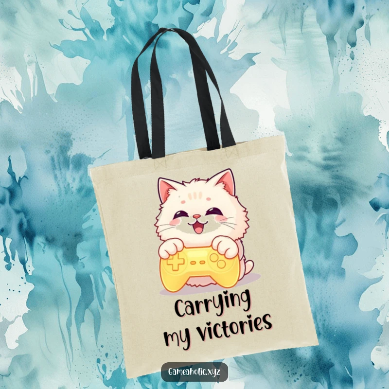 Funny cat with paws on a glowing game controller, grinning widely, printed on a tote bag, ideal for gamers.