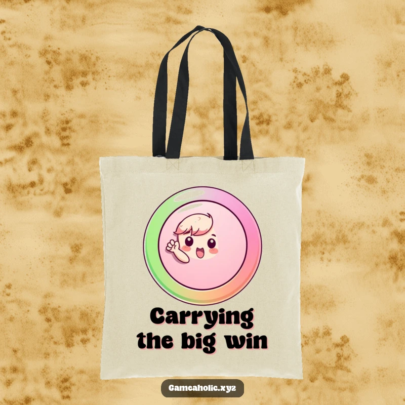 Funny Tote Bag with a small character enthusiastically pressing a large, colorful button, adding a fun element to belongings.