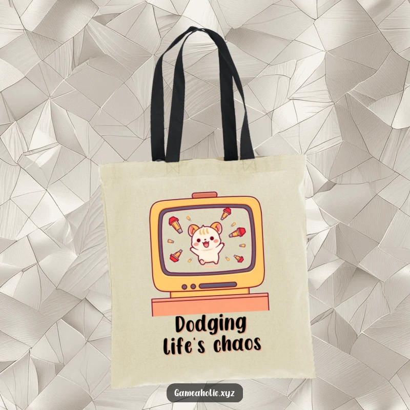 Funny small animal character tote bag, gleefully dodging falling projectiles on a video game screen.