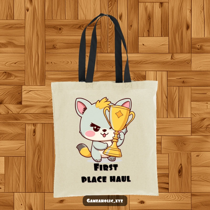 Funny tote bag showcasing a mischievous animal character winking as it holds up a gleaming trophy, ready for adventures.
