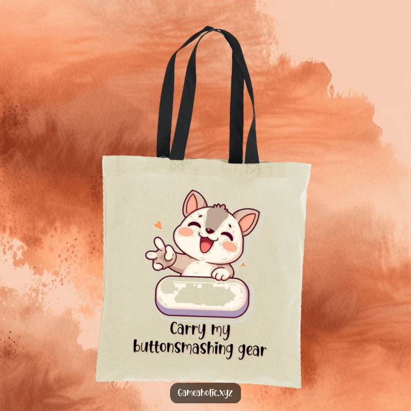 Funny tote bag with a determined animal character enthusiastically smashing a virtual button, ready for gaming.