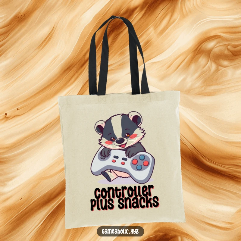 Funny Tote Bag featuring a cute badger enthusiastically mashing buttons on a giant game controller, ideal for gamers.