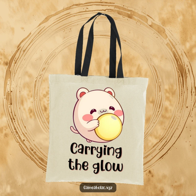 Funny round animal character tote bag, rosy cheeks, eagerly pressing a large, glowing button, ready to go.