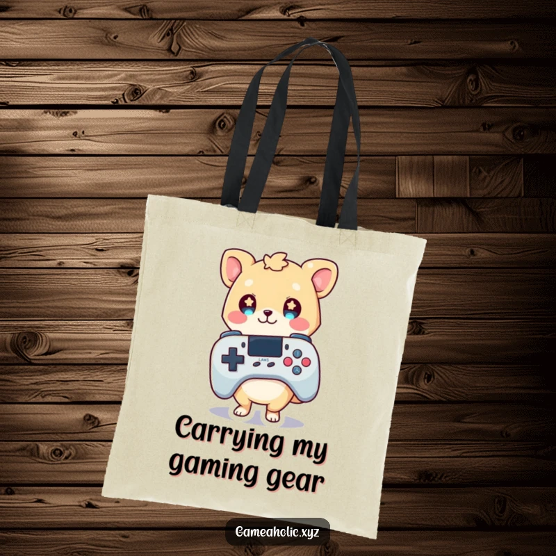 Funny tote bag illustration of a cute animal character holding an oversized game controller, eyes shining with gamer passion.