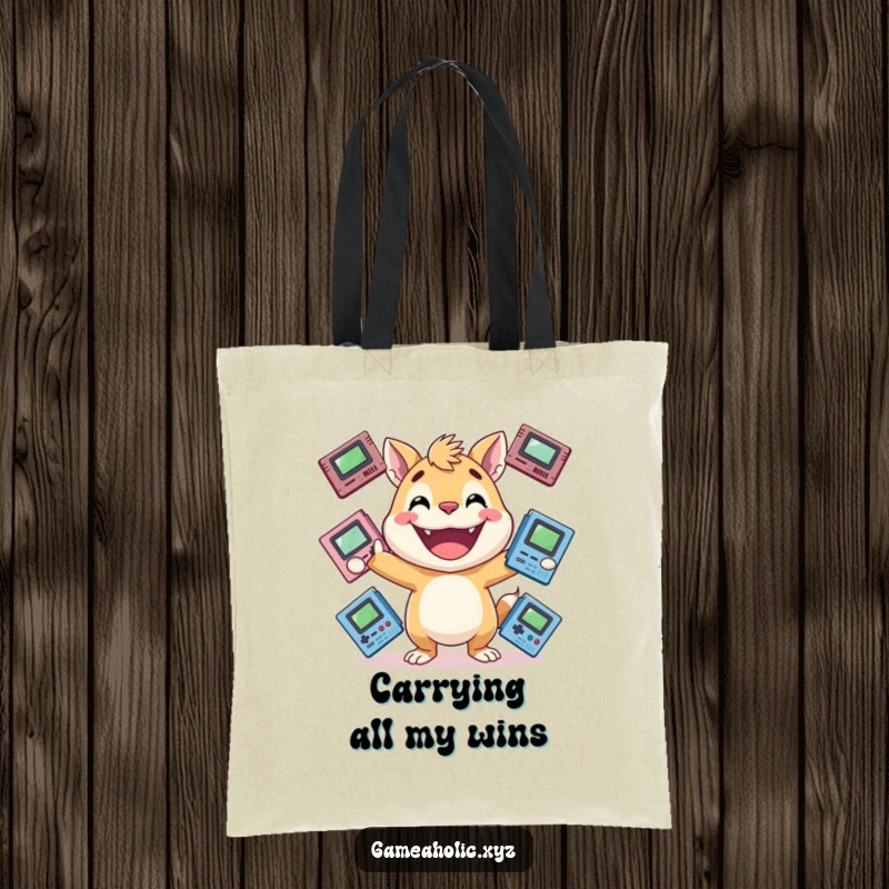 Funny gamer tote bag featuring a grinning animal juggling multiple game cartridges, a stylish and humorous funny gift.