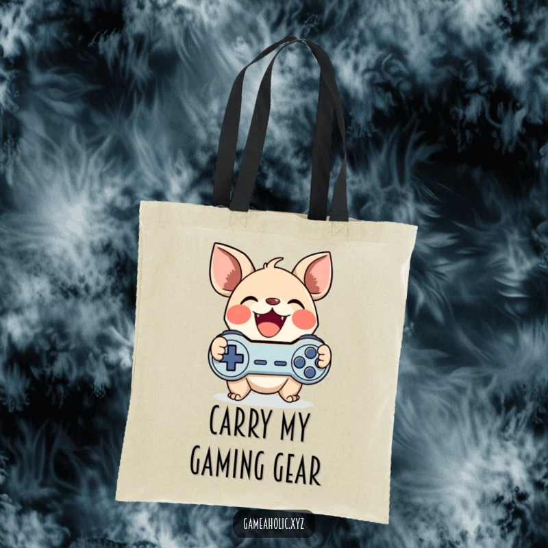 Funny gamer creature tote bag featuring a cute character with large ears gleefully clutching a game controller, a super funny gift.