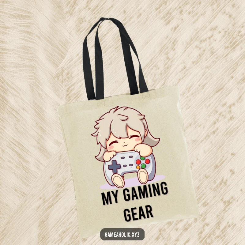 Funny Tote Bag: A character humorously hugging a plush game controller tightly, showcasing gamer affection for everyday use.