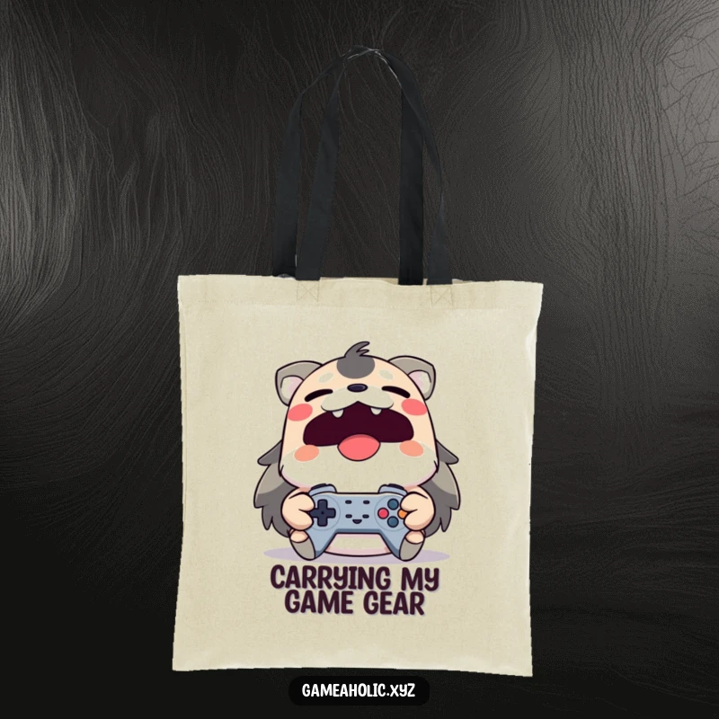 Funny yawning animal character with a controller on a tote bag, representing the dedicated gamer's journey.