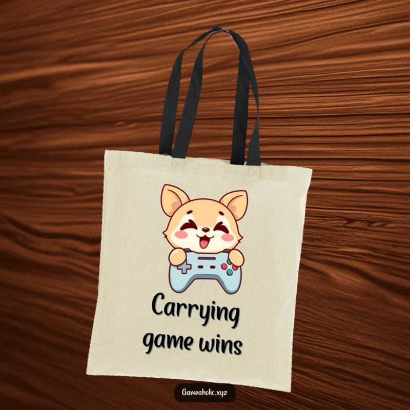 Funny Tote Bag: A cute animal character holds a game controller, eyes crossed in gamer mode.