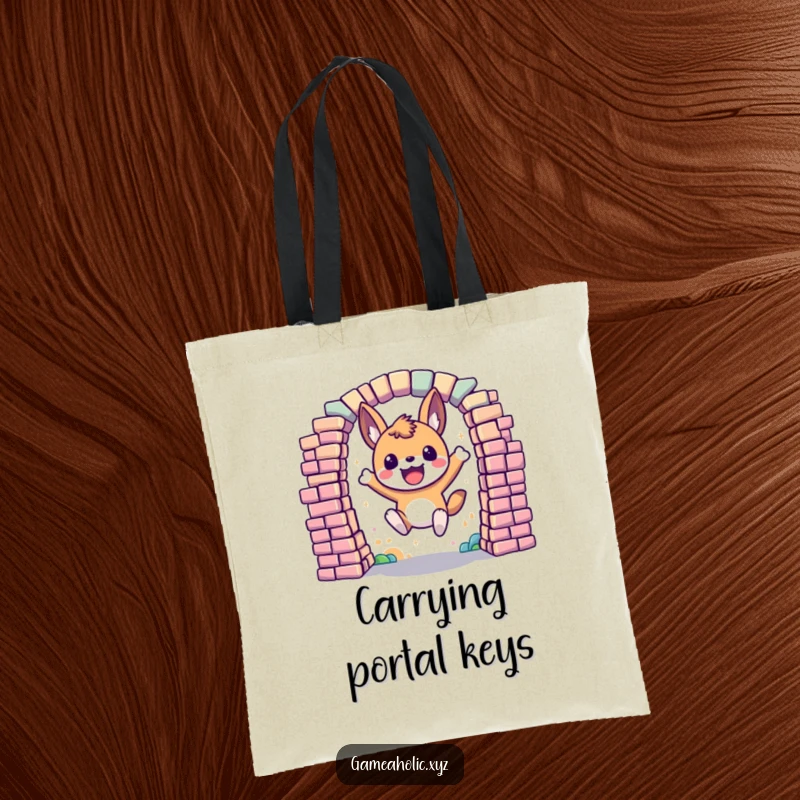 Funny Tote Bag showcasing an excited animal character leaping through a portal constructed from colorful, digital pixels, ready for adventure.