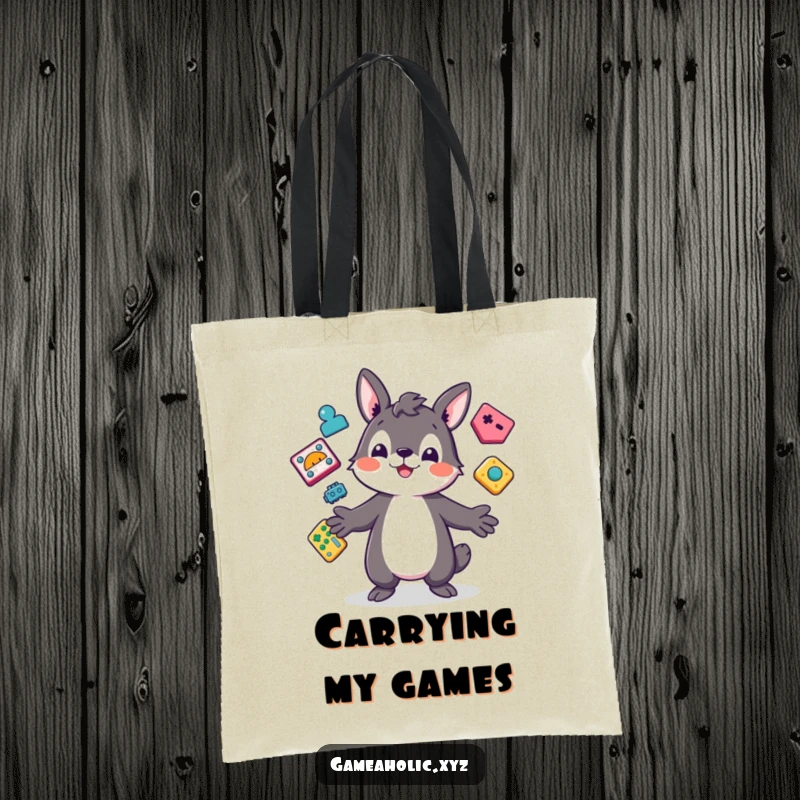 Funny Tote Bag with a playful animal character juggling colorful, abstract game icons, ideal for carrying gaming accessories.