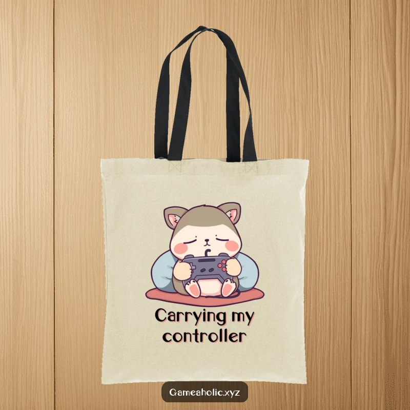 Funny Tote Bag showcasing a content animal character sleeping soundly while clutching a miniature game controller, a symbol of gamer dreams.