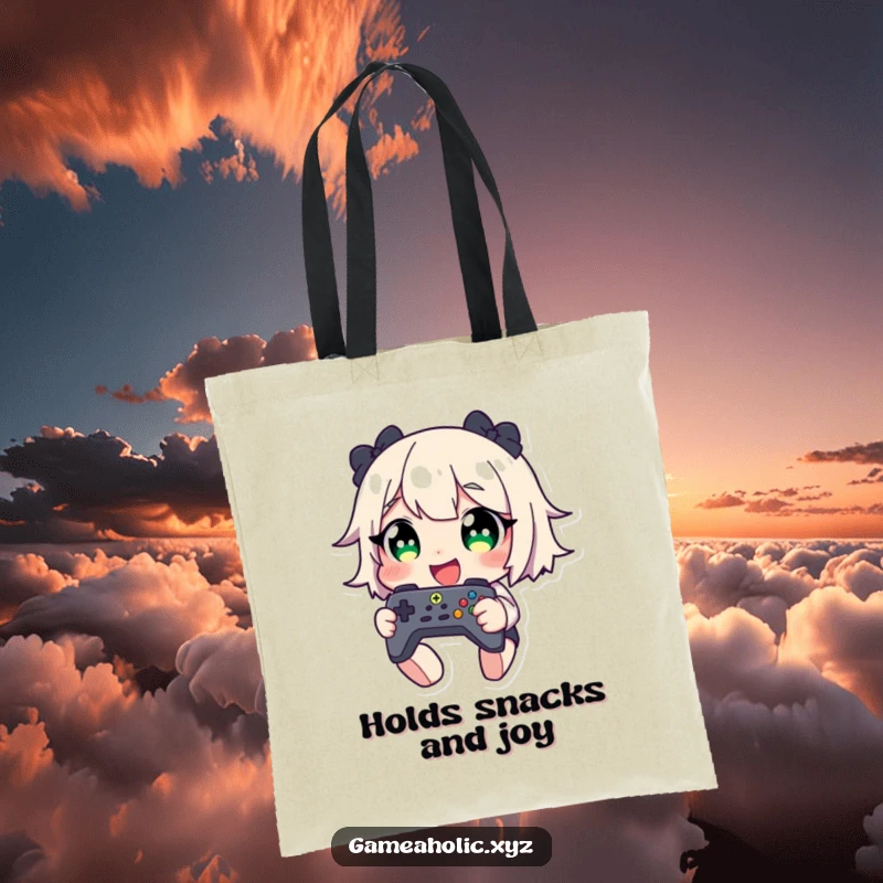 Funny tote bag showcasing a giggling character with wide eyes, holding a game controller, perfect for carrying gaming gear and smiles.