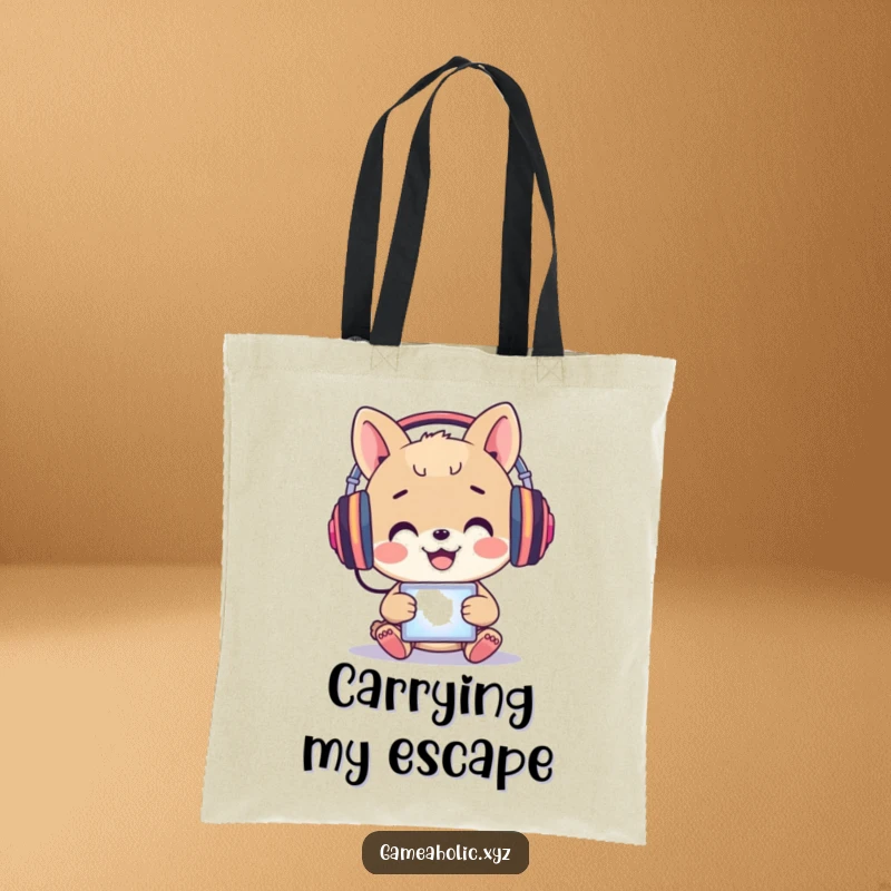 Funny Tote Bag: A happy animal wears headphones, immersed in a glowing screen with focus.